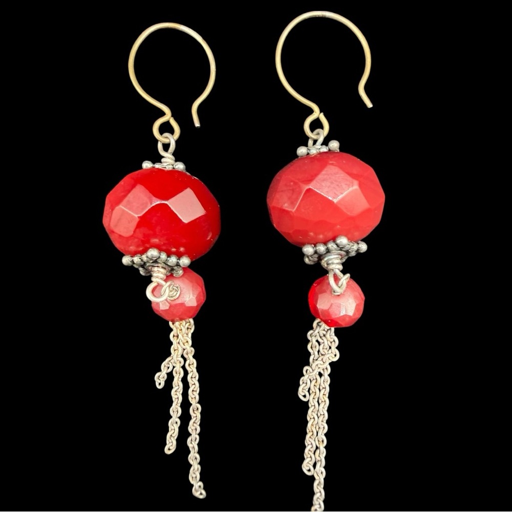 Vintage Artisan Red Faceted Bead Drop Earrings with Silver Tassel